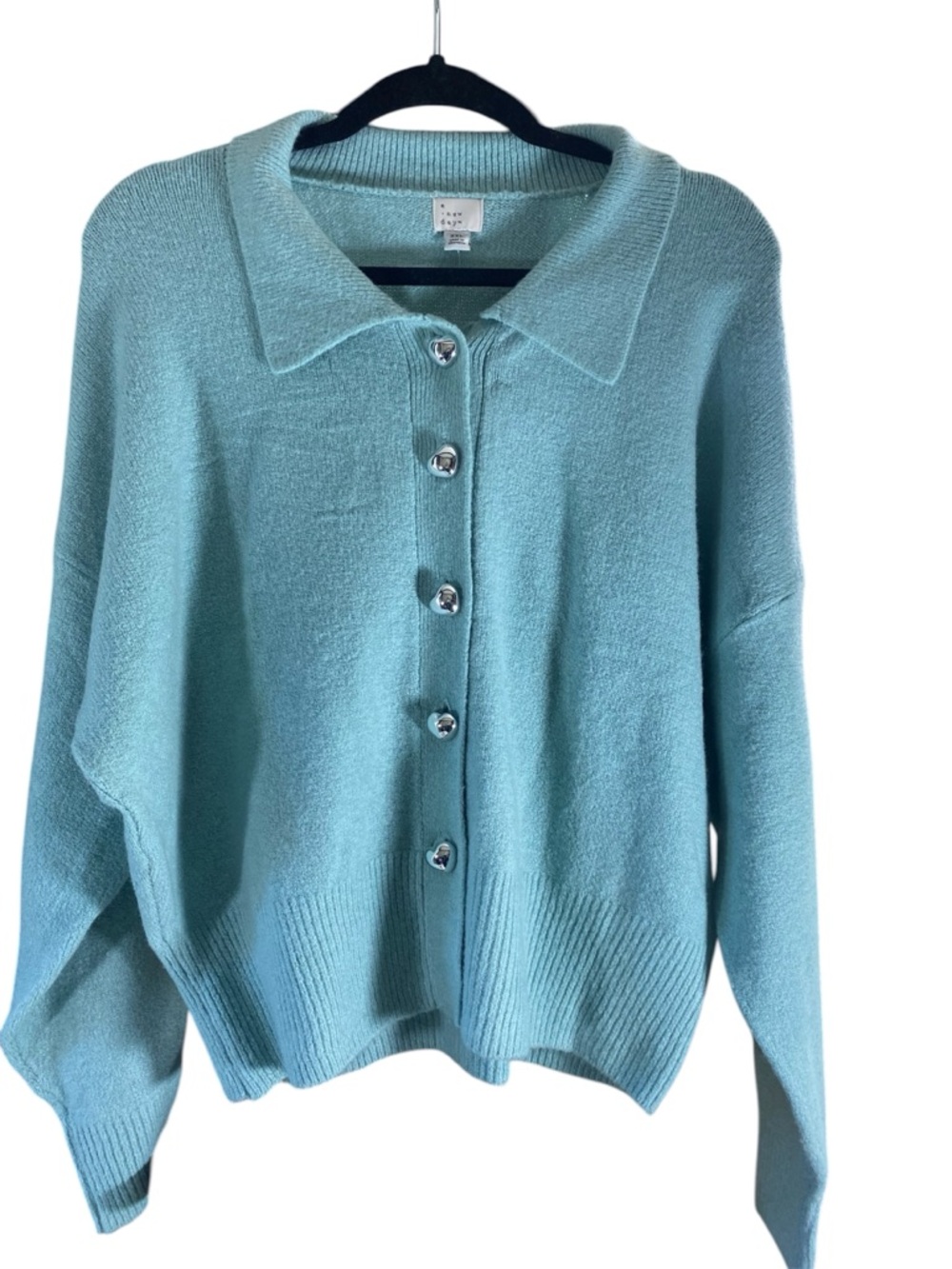 A New Day Dusty Teal Collared Cardigan Heart Buttons Soft Knit XXL NWT